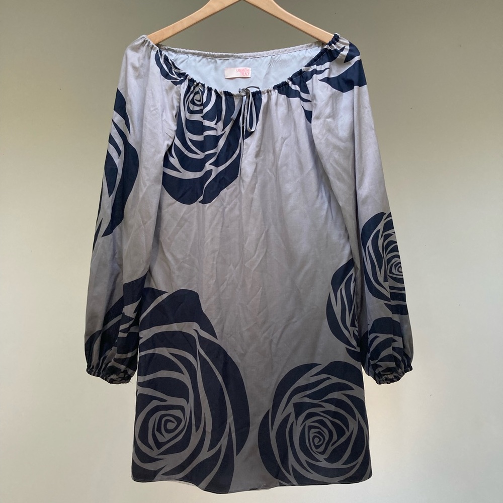 Samantha Treacy | Gray Cotton and Silk Rose Long Sleeve Dress